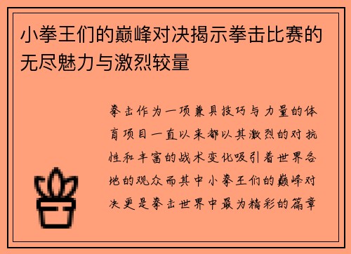 小拳王们的巅峰对决揭示拳击比赛的无尽魅力与激烈较量